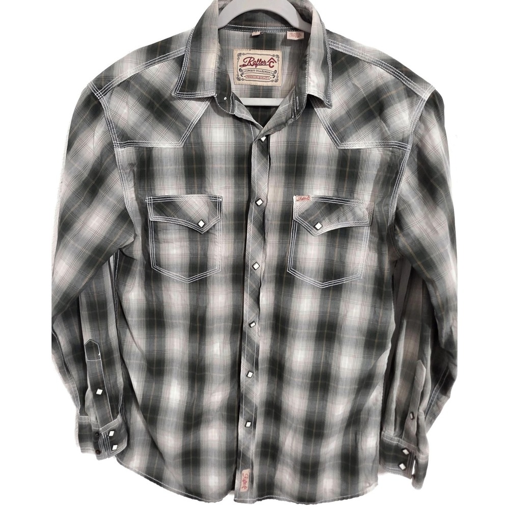 Rafter C Shirt Mens Large Gray Plaid Long Sleeve Snap Front Western Cotton